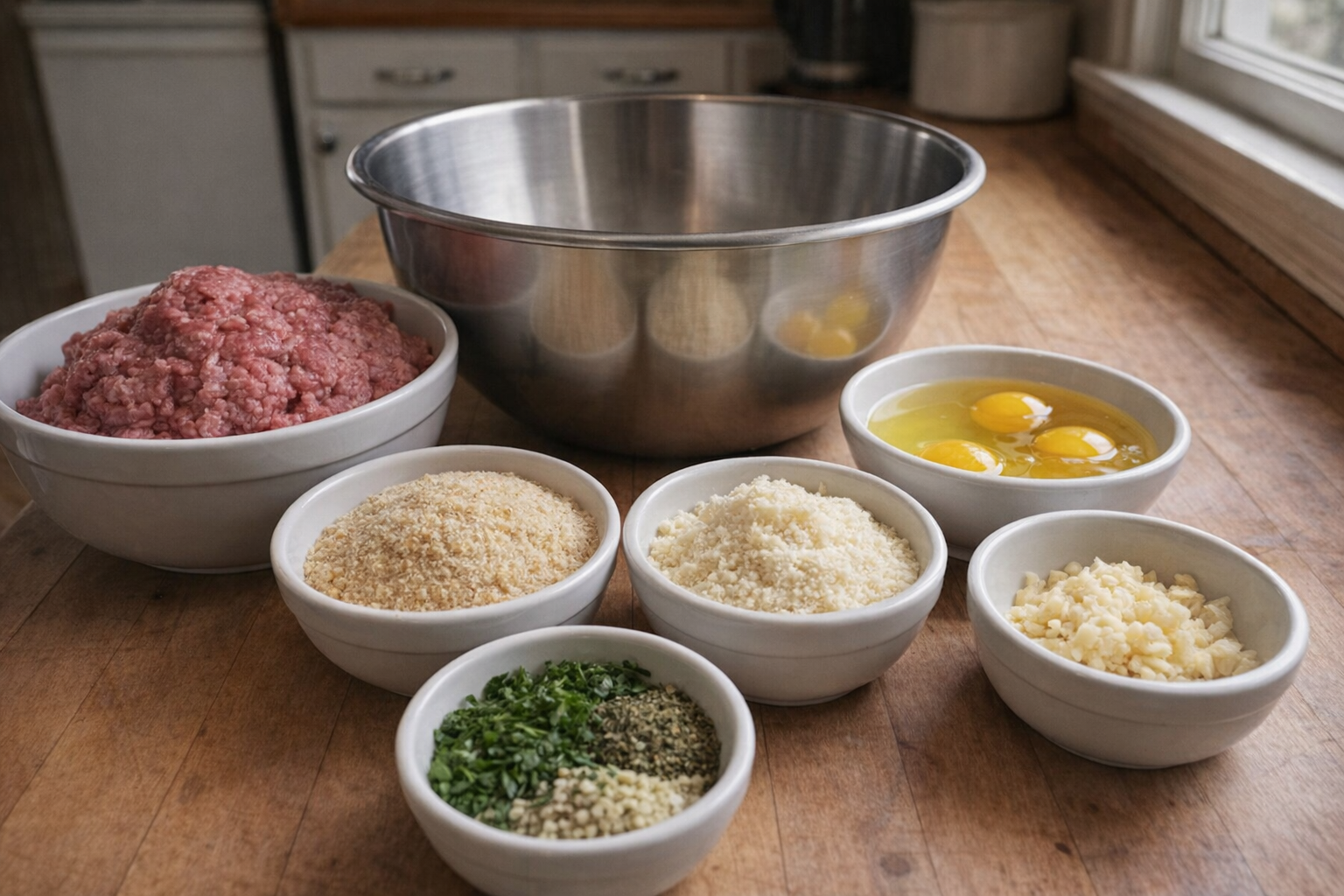 A close-up shot of raw meatball ingredients in separate bowls (ground beef, breadcrumbs, eggs, parmesan, garlic, herbs), arranged around a large stainless steel mixing bowl, natural kitchen lighting